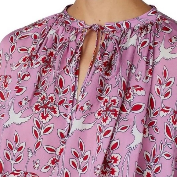 Rhode Helene Crepe De Chine Gathered Bird Print Peasant Blouse S - Picture 5 of 10